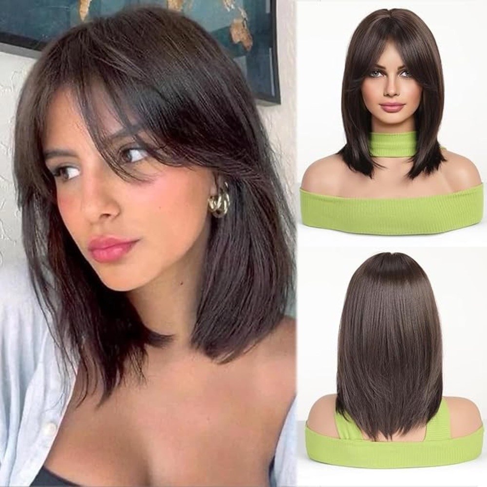 Elegant Brown Women's Wig with Curtain Bangs - 14 inch